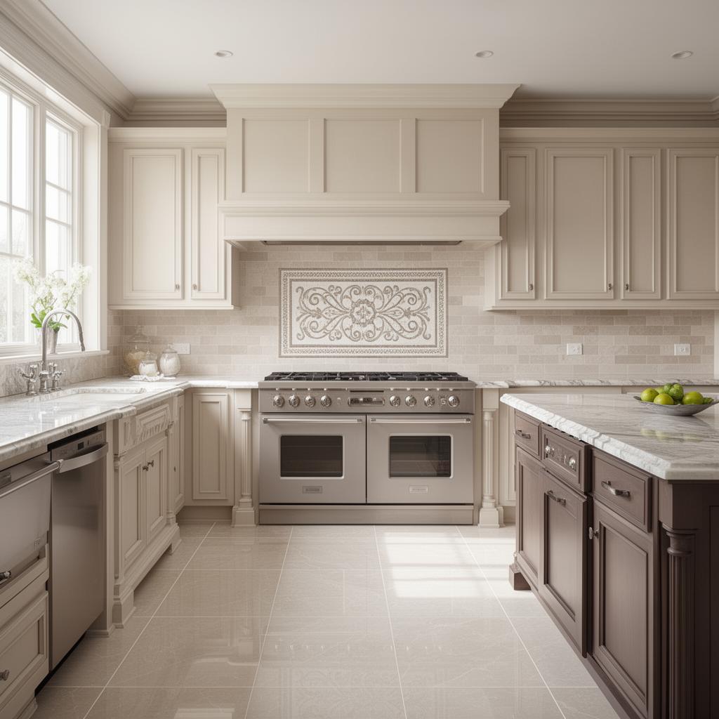 High-end kitchen with tile floor and tiled backsplash featuring a decorative inlay above the stovetop
